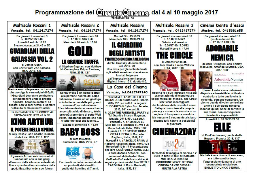 Circuito Cinema: programmazione dal 4 al 10 maggio 2017