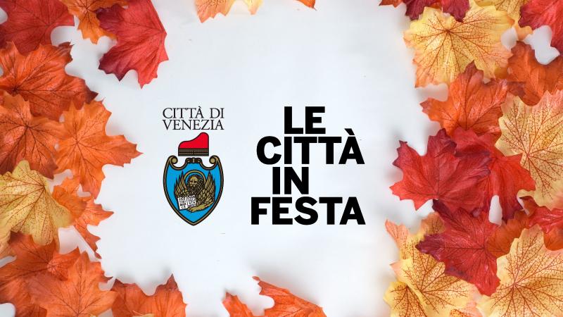 Composizione grafica: logo Le Città in Festa circondato da foglie secche autunnali