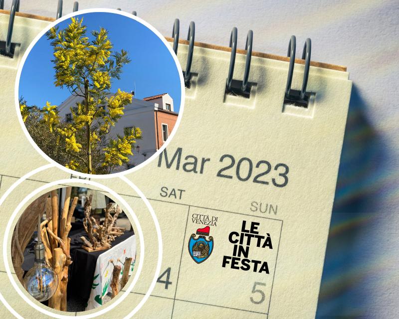 Composizione grafica: due immagini primaverili iscritte in un tondo; sullo sfondo, un calendario aperto sul mese di marzo 2023