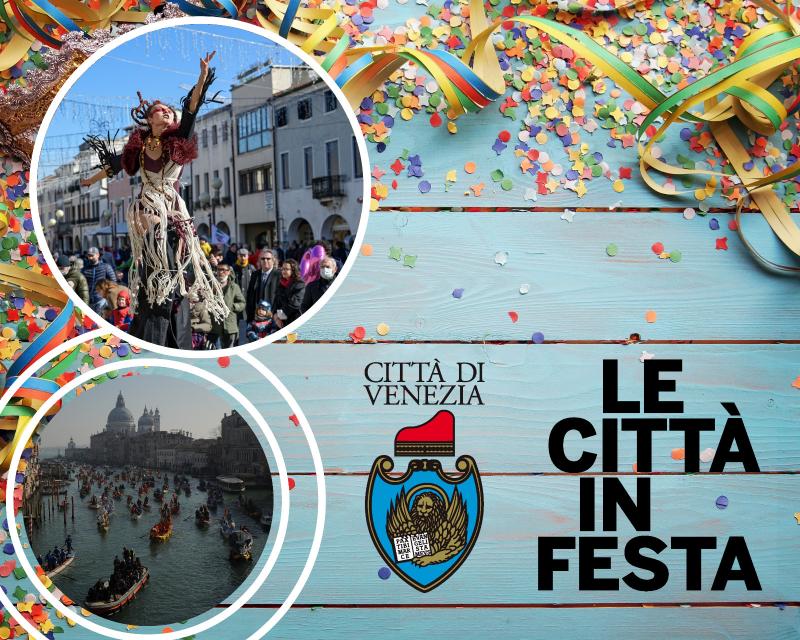 Composizione con logo Città in Festa, sfondo e due foto, iscritte in cerchi, che richiamano il Carnevale