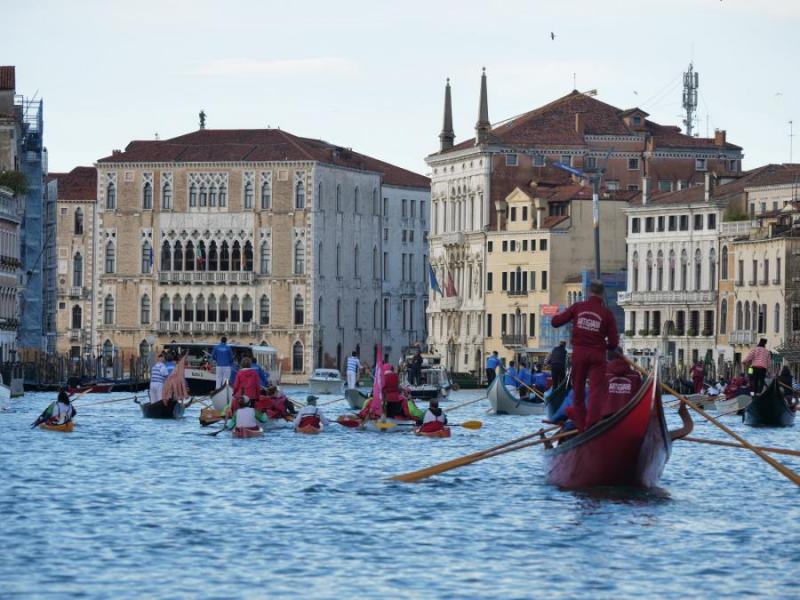 Gruppo di barche a remi, viste da dietro, in corteo sul Canal Grande di Venezia
