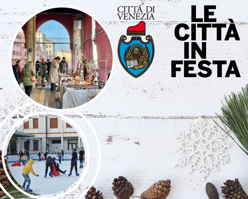 composizione grafica con logo di Venezia e Città in Festa, una foto di un mercatino e una di bambini che pattinano sul ghiaccio