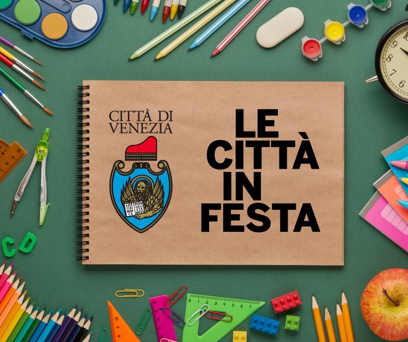 Grafica: logo Le Città in Festa contornato da articoli di cancelleria, come matite, gomme, squadre, colori