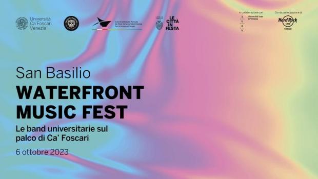 Grafica con titolo dell'evento e loghi su sfondo di vari colori sfumati