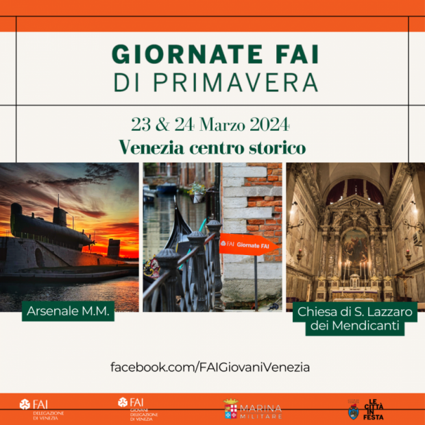 Composizione grafica con tre foto (sottomarino al tramonto, scorcio di Venezia, interno di una chiesa) e informazioni