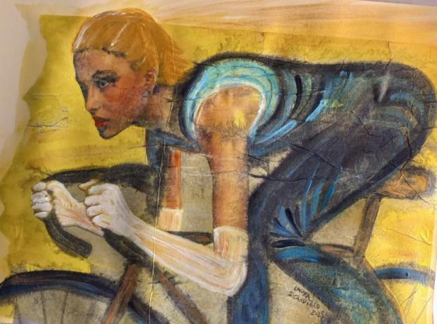 Quadro di una donna in sella a una bicicletta da corsa
