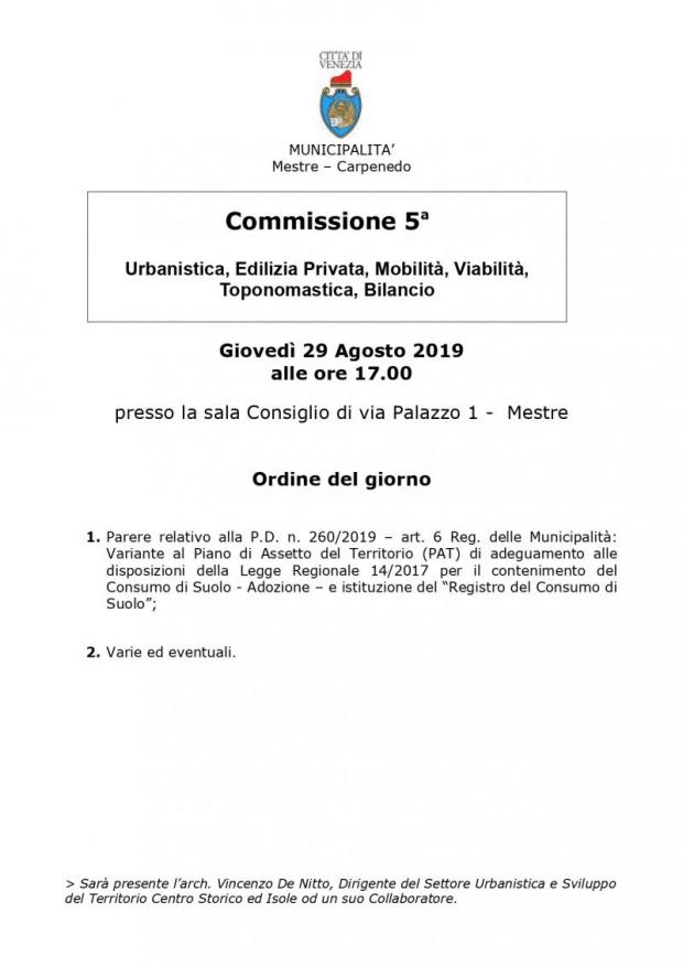 Convocazione V' Commissione Municipalità Mestre Carpenedo Convocazione V' Commissione Municipalità Mestre Carpenedo