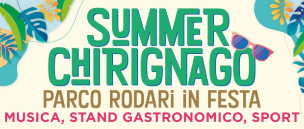 Grafica con titolo dell'evento (con occhiali da sole sulla "O" finale) con foglie e fiori tropicali