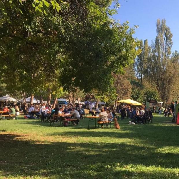 Decine di persone sedute su panche e sotto gazebo, tra gli alberi