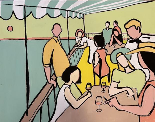 Dipinto che ritrae un gruppo di persone in un bar, in una terrazza sotto una tenda