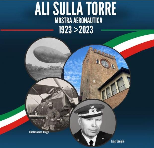 Composizione grafica: quattro tondi con iscritte foto di torre, dirigibile e due uomini. Dietro, un nastro tricolore