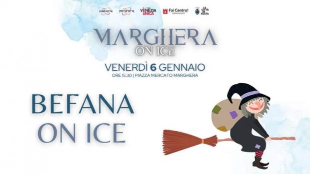 Disegno di una befana a cavallo della scopa e scritta "Befana on Ice"