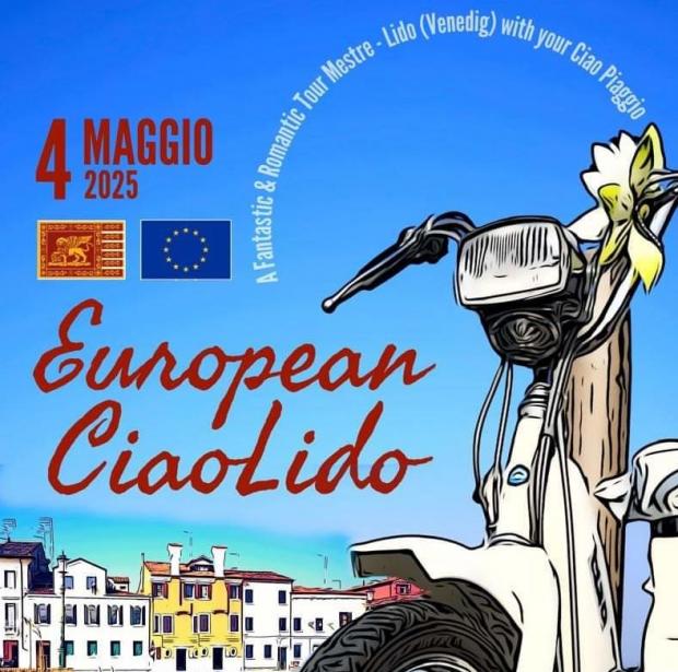 Grafica: a sx, titolo dell'evento; a dx, particolare del frontale di un Ciao Piaggio