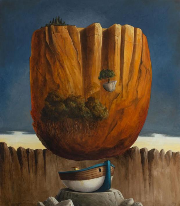 Ciro Palumbo, L'approdo sulla Madre, 2023, olio su tela, 160 x 140 cm Quadro che mostra un blocco di terra fluttuante sopra l'arca di Noè