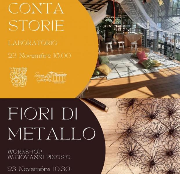 Grafica: a sx titoli eventi; a dx in alto, sala allestita con tappeto e cuscini a terra, a dx in alto fiori di fil di ferro