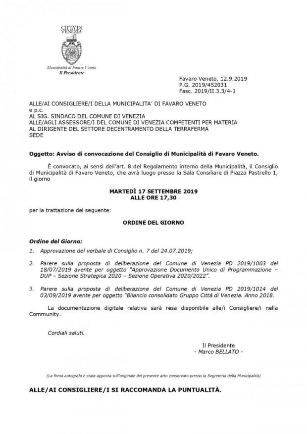 Convocazione Consiglio di Municipalità Favaro Veneto Convocazione Consiglio di Municipalità Favaro Veneto