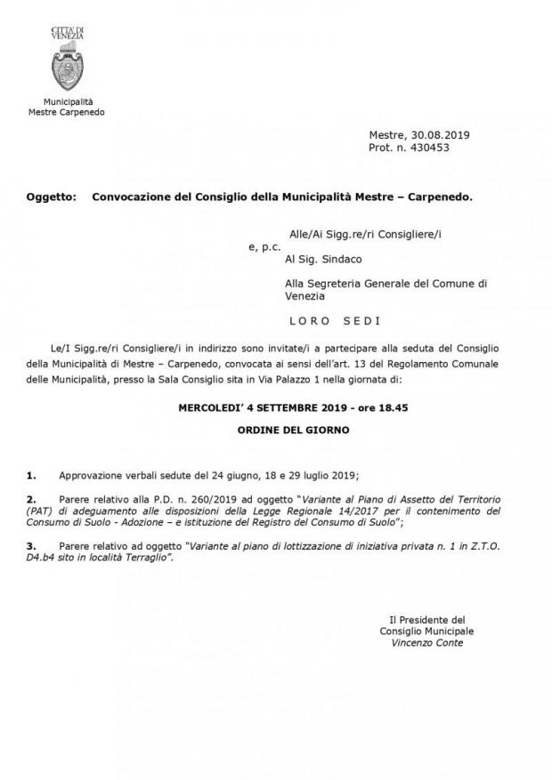 Convocazione Consiglio di Municipalità Mestre Carpenedo Convocazione Consiglio di Municipalità Mestre Carpenedo
