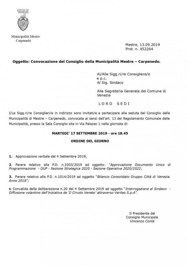 Convocazione Consiglio di Municipalità Mestre Carpenedo Convocazione Consiglio di Municipalità Mestre Carpenedo