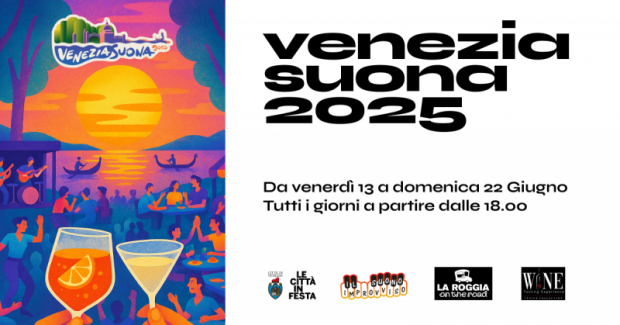 Grafica: a sx, disegno di due calici e sole al tramonto di sfondo; a dx, titolo dell'evento, loghi e informazioni