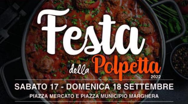 scritta Festa della Polpetta in bianco e arancione su sfondo di un piatto di polpette