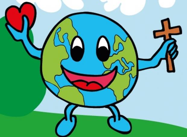 Globo terrestre antropomorfo che regge un cuore nella mano destra e una croce nella sinistra