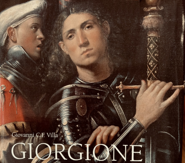 copertina del librp con foto del quadro "Ritratto di guerriero" di Giorgione (uomo con spada in primo piano)