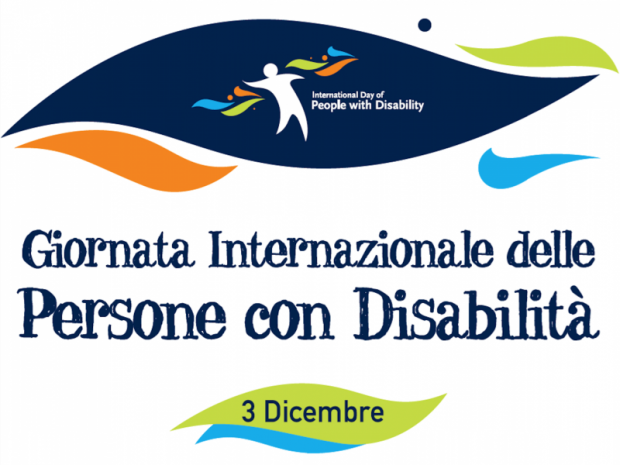 logo Giornata internazionale delle persone con disabilità. Uomo iscritto in elemento grafico simile a un'onda; sotto, il titolo