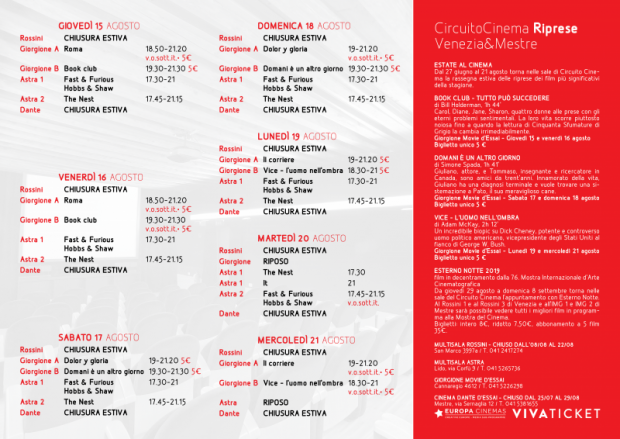 Film in programmazione dal 15 al 21 agosto 2019