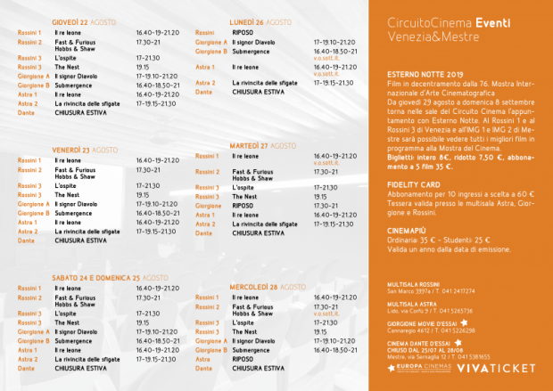 Film in programmazione dal 22 al 28 agosto 2019