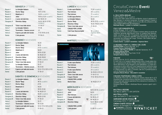 Film in programmazione dal 31 ottobre al 6 novembre 2019