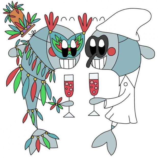 Disegno di due pesci antropomorfi in costume da carnevale