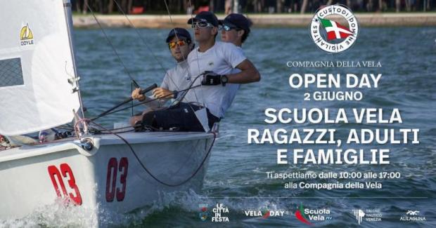 Grafica: foto di tre uomini su una barca a vela; a lato, titolo dell'evento