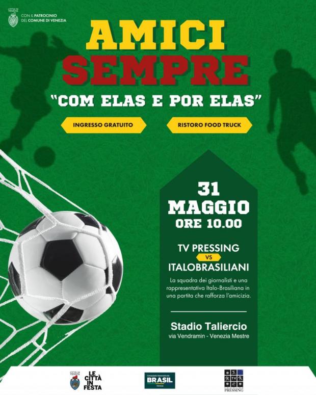 Grafica con titolo dell'evento e informazioni. In basso a sx, disegno di pallone da calcio che entra in rete