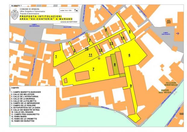 La mappa delle nuove denominazioni nell'area ex conterie