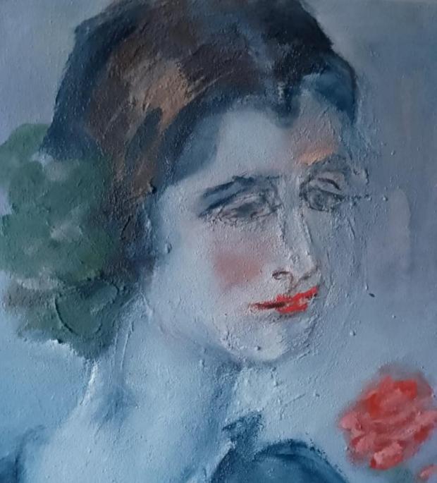 Dipinto: volto di donna e, in basso a dx, una rosa