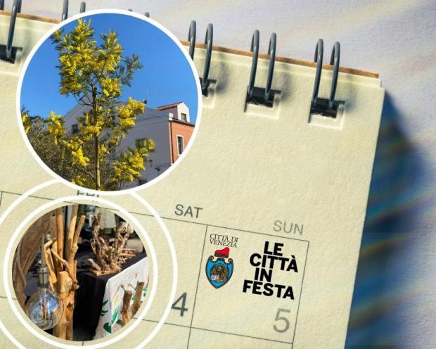Composizione grafica: a sx due tondi con foto di un albero di mimose e alcuni oggetti in legno. Su sfondo di un calendario