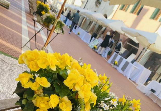 In primissimo piano, mazzo di fiori. Sullo sfondo, bancarelle di un mercatino all'aperto