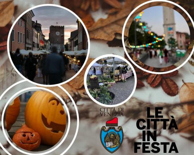 composizione con immagini di eventi pubblici, zucche di halloween logo Le Città in Festa