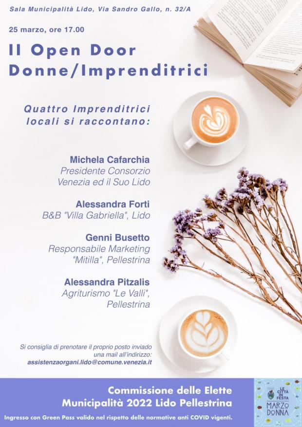 locandina con programma e immagine con due caffè e fiori