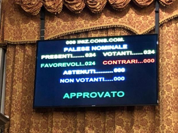 Tabellone con voto unanime per cittadinanza a segre