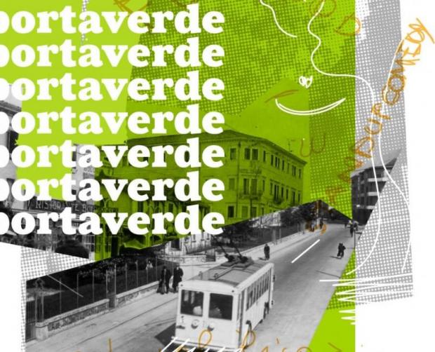 Composizione grafica con scritta "portaverde" ripetuta sei volte e vecchia foto di un tram