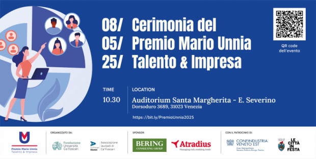 Grafica con il titolo dell'evento, informazioni e un QRcode