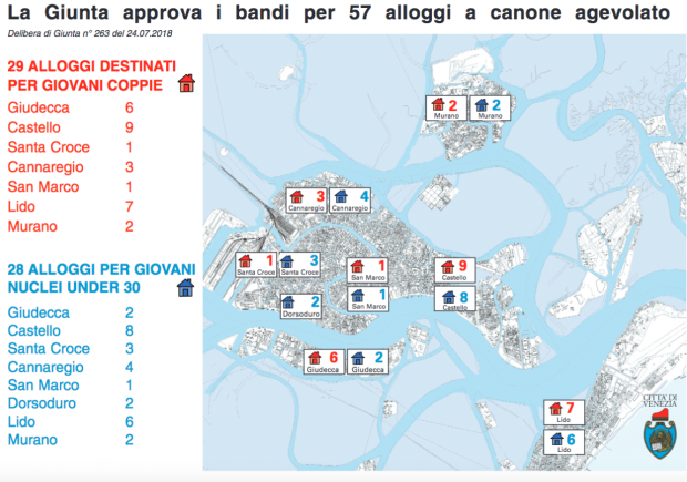 la mappa individua gli alloggi a Venezia centro storico