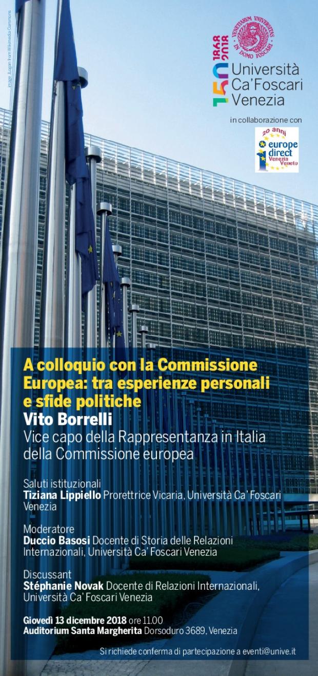 Locandina dell'incontro con palazzo della commissione europea