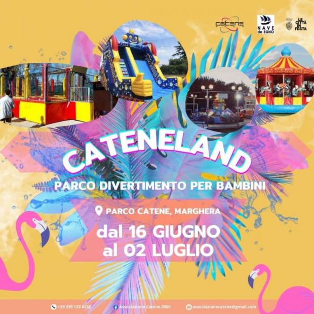 Composizione grafica: scritta "Cateneland", foto di attrazioni per bambini e due fenicotteri in basso