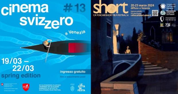 Composizione grafica: a sx gondola vista dall'alto con titolo "cinema svizzero"; a dx veduta notturna di ponte di Venezia