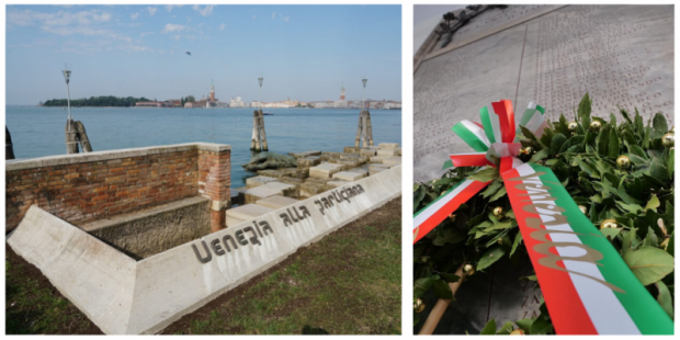 Corone d'alloro su monumento alla Partigiana e lapide Mestre