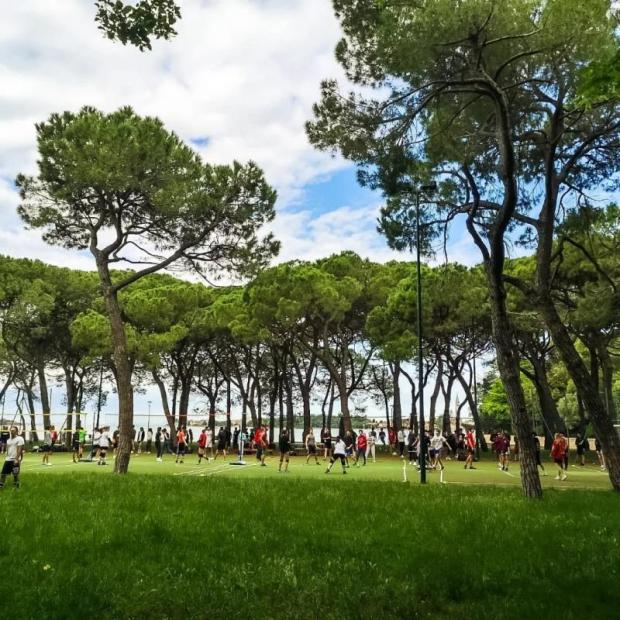 Ragazzi giocano a pallavolo all'aperto sotto una pineta