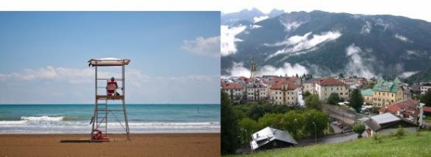 immagine di una spiaggia e di una località di montagna