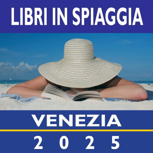 Grafica: in alto e in basso, titolo dell'evento e info; in mezzo, foto di donna con cappello che legge in spiaggia